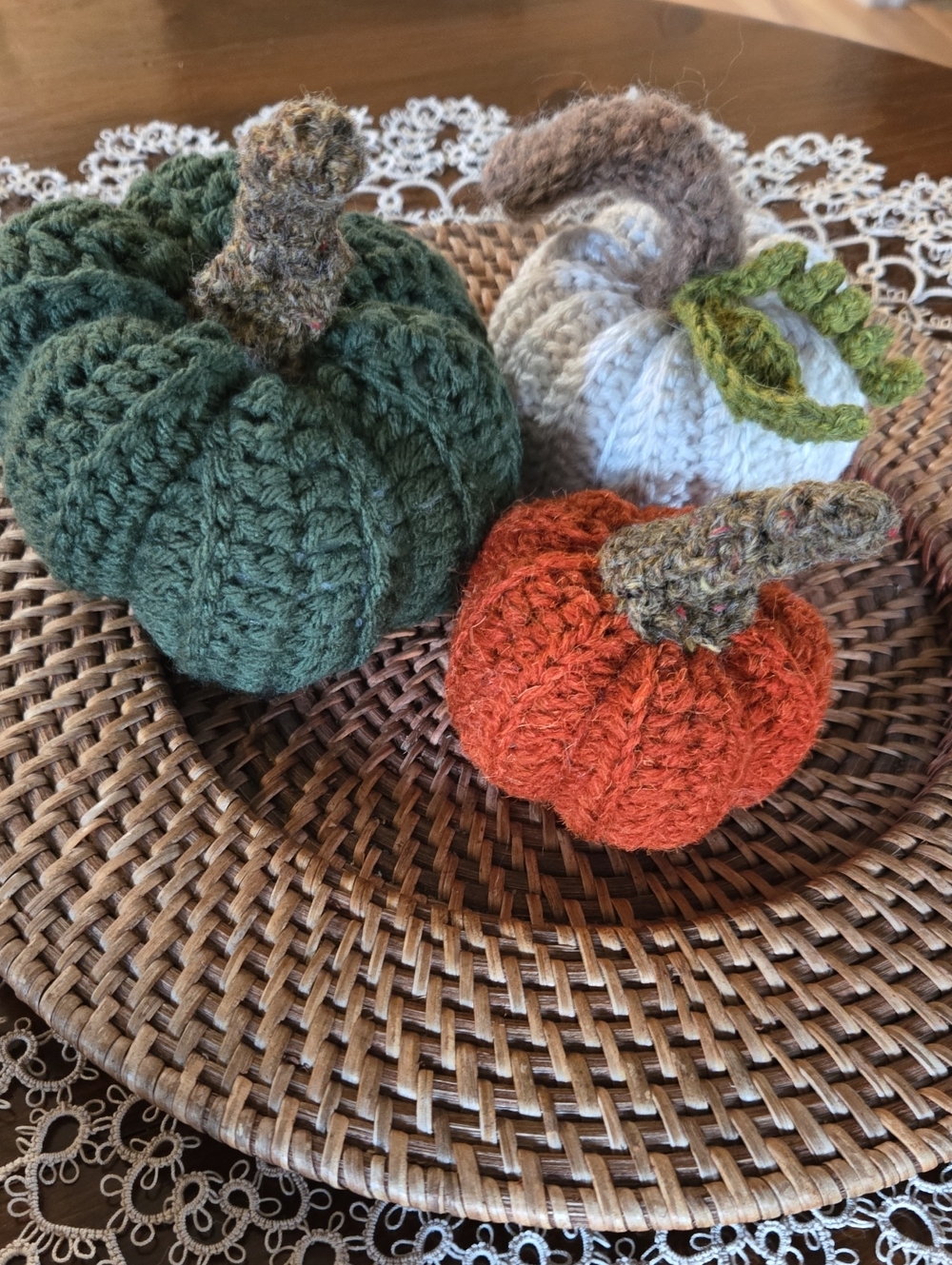 Handmade Crochet Pumpkin Trio - Green, White & Orange Home Accents
